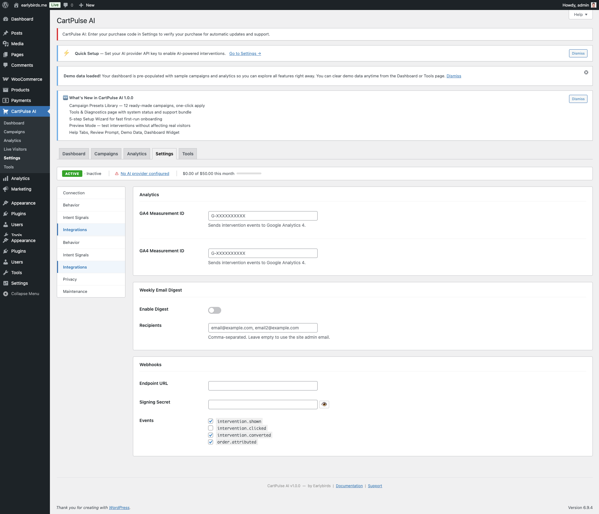 Settings: Integrations (GA4, Webhooks)