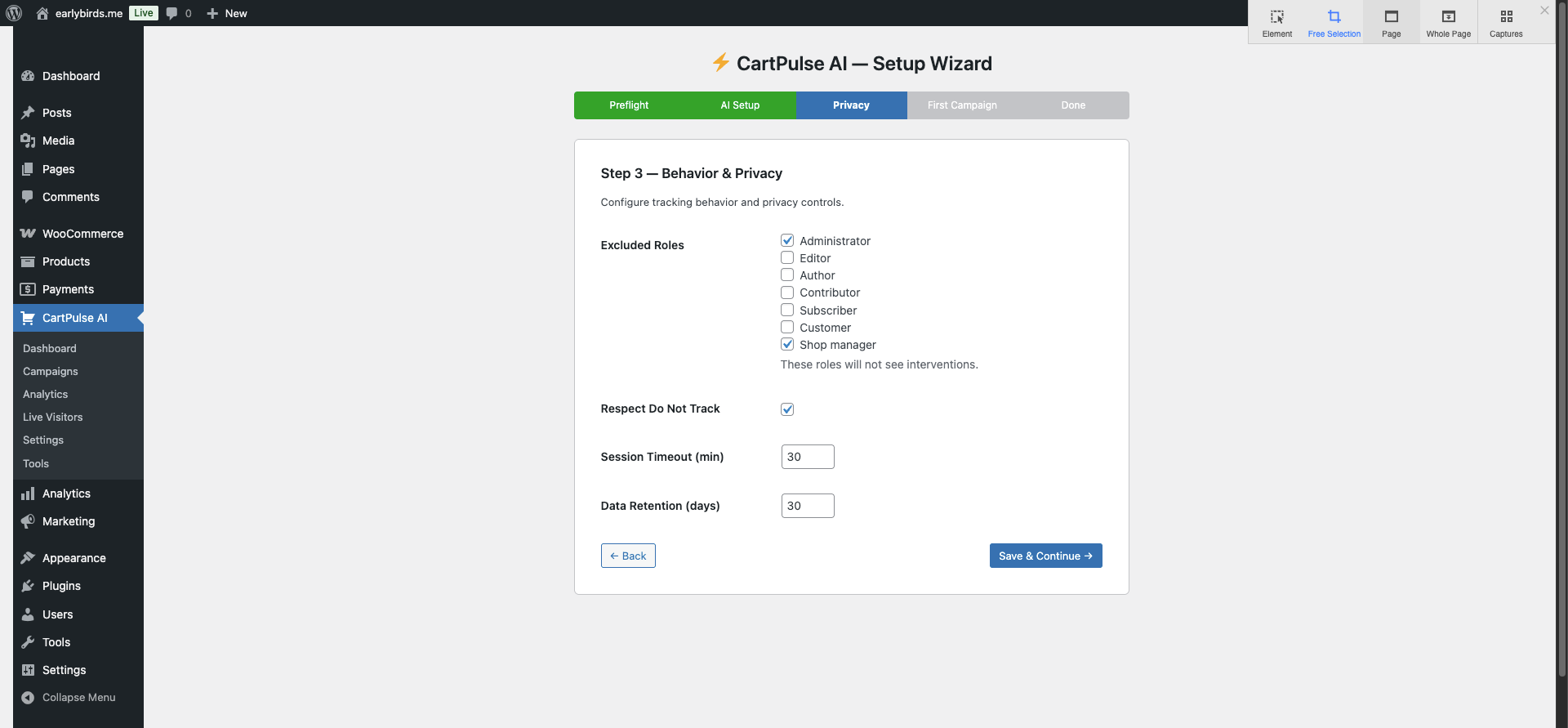 Setup Wizard — Step 3: Behavior & Privacy