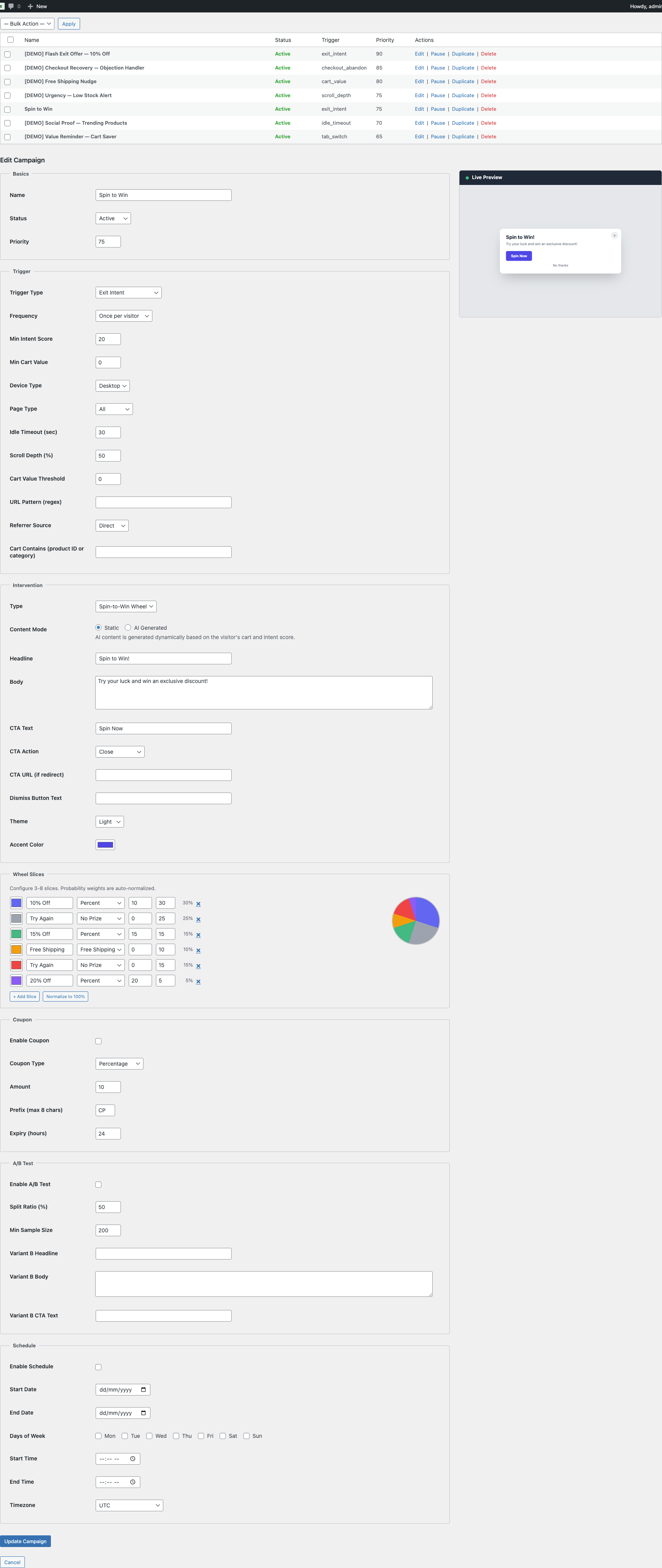 Spin-to-Win Campaign Configuration